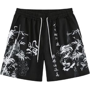 Men's Dragon Graphic Shorts Gym Running Drawstring Waist Summer Workout Shorts