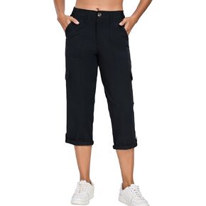 Oalka Women's Cargo Capri Pants Relaxed Fit Knit Waist Cropped Pant Casual Hiking Capris