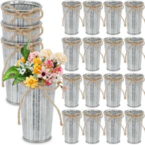 20 Pack 4.3 Inch Galvanized Metal Flower Vases Bulk Small Floral Flower Bucket Rustic Vintage Farmhouse Vases for Centerpiece Country Wedding Party Decor Western Home Table(Silver)