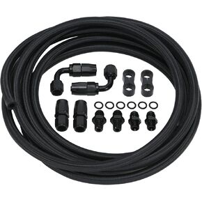 6AN Transmission Cooler Lines Kit 15FT Black Nylon Braided Hose Kit with Fittings and Hose Clamps for 4L60E 4L65E