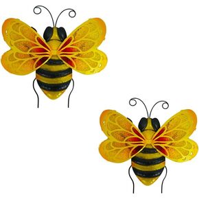 LIFFY Metal Bees Outdoor Decor, 2Pack 10 Inch Glass Bee Wall Art Sculptures for Home, Garden, Fence, Patio