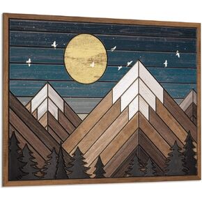 Putuo Wooden Mountain Wall Art, Moon Over Mountain Nature Wilderness Wall Sign, Rustic Cabin Adventure Wall Decor for Living Room, Bedroom