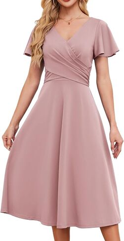 Gardenwed Womens Cocktail Dress Wedding Guest Semi Formal Wrap V Neck Short Sleeve Ruched A Line Midi Dresses with Belt in Saudi Arabia
