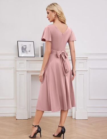 Gardenwed Womens Cocktail Dress Wedding Guest Semi Formal Wrap V Neck Short Sleeve Ruched A Line Midi Dresses with Belt in Saudi Arabia