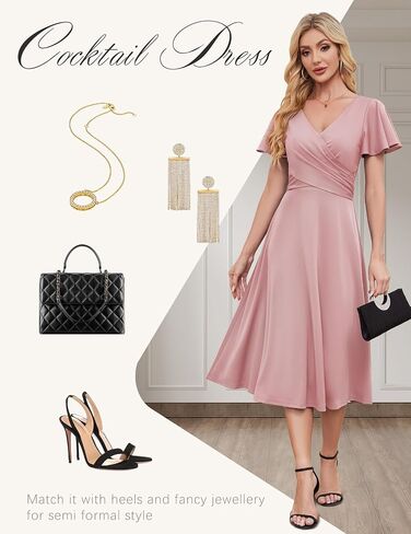 Gardenwed Womens Cocktail Dress Wedding Guest Semi Formal Wrap V Neck Short Sleeve Ruched A Line Midi Dresses with Belt in Saudi Arabia