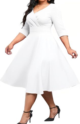 Womens Plus Size Dresses Faux Wrap Summer Dress 3/4 Sleeves V Neck 1950s Retro Vintage Wedding Party Midi Dress with Pocket in Kuwait