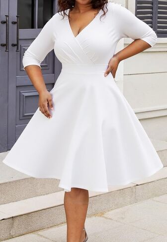 Womens Plus Size Dresses Faux Wrap Summer Dress 3/4 Sleeves V Neck 1950s Retro Vintage Wedding Party Midi Dress with Pocket in Kuwait