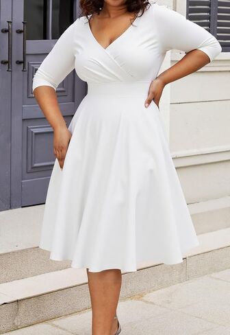 Womens Plus Size Dresses Faux Wrap Summer Dress 3/4 Sleeves V Neck 1950s Retro Vintage Wedding Party Midi Dress with Pocket in Kuwait
