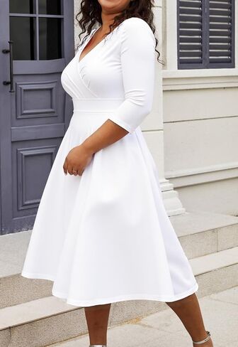 Womens Plus Size Dresses Faux Wrap Summer Dress 3/4 Sleeves V Neck 1950s Retro Vintage Wedding Party Midi Dress with Pocket in Kuwait