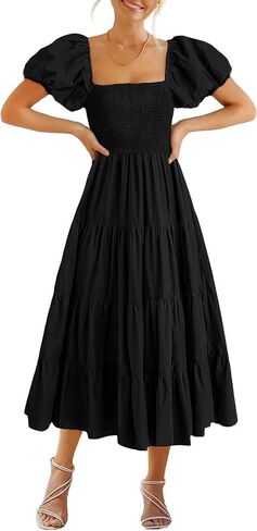 GOLDSTITCH Women's Smocked Maxi Dress Square Neck Ruffle Hem Puffy Short Sleeve Flowy Midi Dress in Saudi Arabia