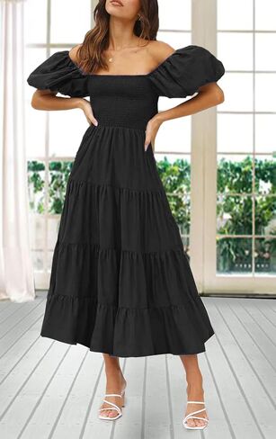 GOLDSTITCH Women's Smocked Maxi Dress Square Neck Ruffle Hem Puffy Short Sleeve Flowy Midi Dress in Saudi Arabia