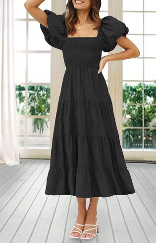 GOLDSTITCH Women's Smocked Maxi Dress Square Neck Ruffle Hem Puffy Short Sleeve Flowy Midi Dress in Saudi Arabia