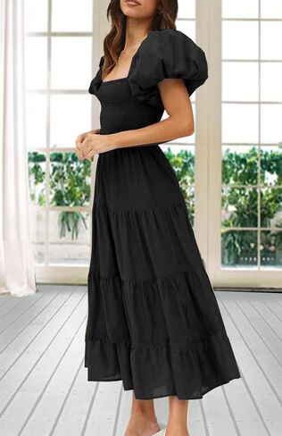 GOLDSTITCH Women's Smocked Maxi Dress Square Neck Ruffle Hem Puffy Short Sleeve Flowy Midi Dress in Saudi Arabia