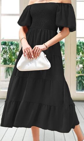 GOLDSTITCH Women's Smocked Maxi Dress Square Neck Ruffle Hem Puffy Short Sleeve Flowy Midi Dress in Saudi Arabia