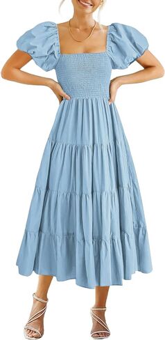 GOLDSTITCH Women's Smocked Maxi Dress Square Neck Ruffle Hem Puffy Short Sleeve Flowy Midi Dress in Saudi Arabia