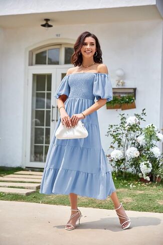 GOLDSTITCH Women's Smocked Maxi Dress Square Neck Ruffle Hem Puffy Short Sleeve Flowy Midi Dress in Saudi Arabia