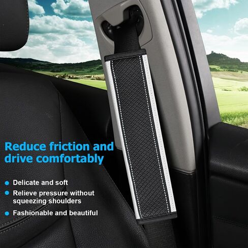 Car Seat Belt Cover, 2PCS Carbon Fiber Leather Vehicle Strap Harness Pad to Protect Your Neck and Shoulder, Auto Interior Seatbelt Protection Cushion Accessories, Universal Fit (Black/White) in Saudi Arabia