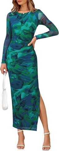 CFLONGE Long Sleeve Dress for Women Floral Print Ruched Wedding Guest Maxi Dresses Tight Fitted Cocktail Party Bodycon Dress in Kuwait