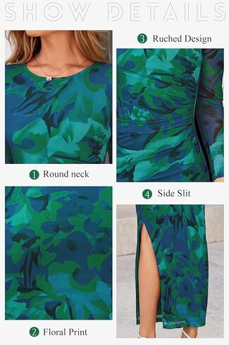 CFLONGE Long Sleeve Dress for Women Floral Print Ruched Wedding Guest Maxi Dresses Tight Fitted Cocktail Party Bodycon Dress in Kuwait