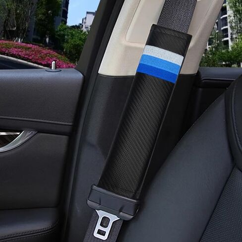 2Pcs Tri-Color 3 Color Sport Seat Belt Cover Shoulder Pad Carbon Fibre Leather Car Seat Belt Pads Safety Belt Shoulder Protector Accessories Compatible with BMW Car. (Blue, Red) in Saudi Arabia