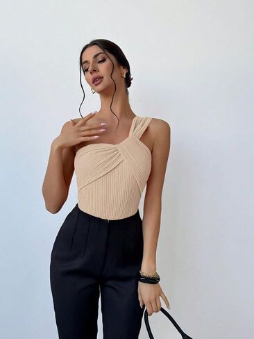 SKAYS Women's Front Twist Solid Color Slim Fit One Shoulder Bodysuit Sleeveless Tummy Control Backless Jumpsuit in Saudi Arabia