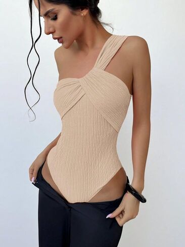 SKAYS Women's Front Twist Solid Color Slim Fit One Shoulder Bodysuit Sleeveless Tummy Control Backless Jumpsuit in Saudi Arabia