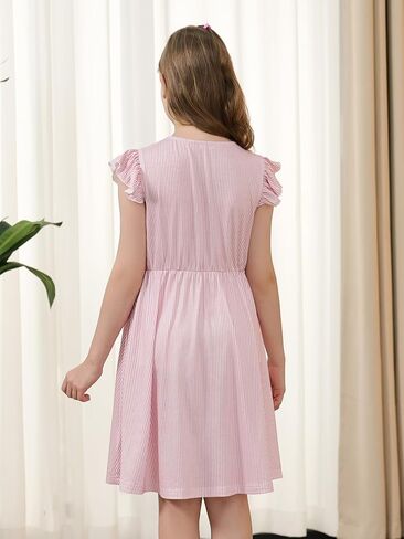 Gorlya Girls Flutter Sleeve A-Line Button Down Summer Drited Midi Dress for 6-14y Kids in Kuwait