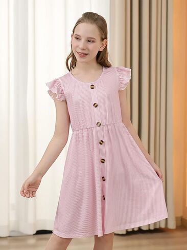 Gorlya Girls Flutter Sleeve A-Line Button Down Summer Drited Midi Dress for 6-14y Kids in Kuwait