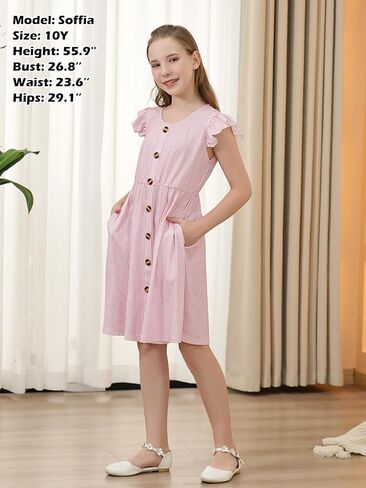 Gorlya Girls Flutter Sleeve A-Line Button Down Summer Drited Midi Dress for 6-14y Kids in Kuwait
