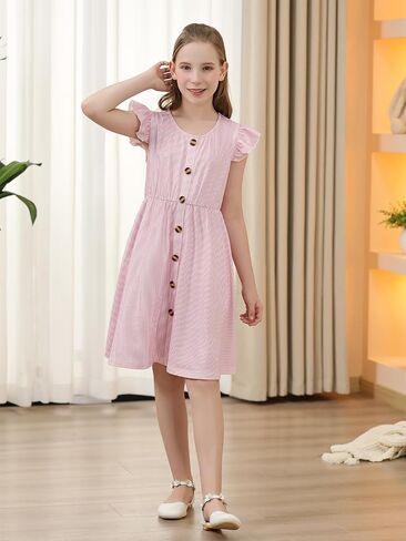 Gorlya Girls Flutter Sleeve A-Line Button Down Summer Drited Midi Dress for 6-14y Kids in Kuwait