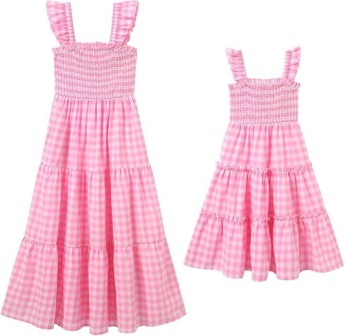 AWIBMK Mommy and Me Matching Dresses Plaid Midi Dress Summer Square Neck Ruffle Flowy Beach Mom Daughter Outfits in Kuwait