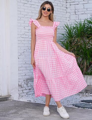 AWIBMK Mommy and Me Matching Dresses Plaid Midi Dress Summer Square Neck Ruffle Flowy Beach Mom Daughter Outfits in Kuwait