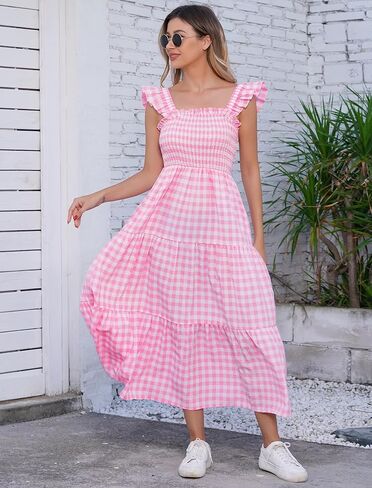 AWIBMK Mommy and Me Matching Dresses Plaid Midi Dress Summer Square Neck Ruffle Flowy Beach Mom Daughter Outfits in Kuwait