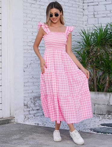 AWIBMK Mommy and Me Matching Dresses Plaid Midi Dress Summer Square Neck Ruffle Flowy Beach Mom Daughter Outfits in Kuwait