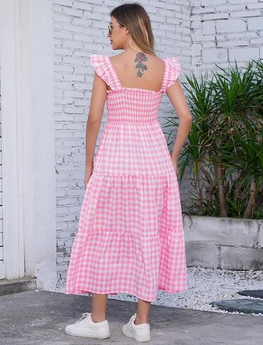 AWIBMK Mommy and Me Matching Dresses Plaid Midi Dress Summer Square Neck Ruffle Flowy Beach Mom Daughter Outfits in Kuwait