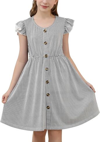 Gorlya Girls Flutter Sleeve A-Line Button Down Summer Drited Midi Dress for 6-14y Kids in Kuwait
