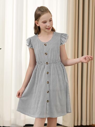 Gorlya Girls Flutter Sleeve A-Line Button Down Summer Drited Midi Dress for 6-14y Kids in Kuwait