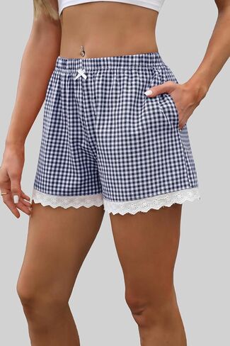 Aoulaydo Boxer Shorts 2025 Summer Gingham Pajama Shorts Casual Lounge Y2K Lace Trim Beach Bottoms in Saudi Arabia