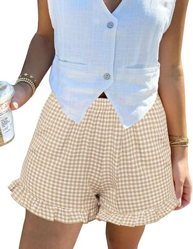 Aoulaydo Boxer Shorts 2025 Summer Gingham Pajama Shorts Casual Lounge Y2K Lace Trim Beach Bottoms in Saudi Arabia