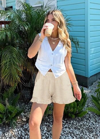 Aoulaydo Boxer Shorts 2025 Summer Gingham Pajama Shorts Casual Lounge Y2K Lace Trim Beach Bottoms in Saudi Arabia
