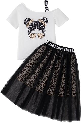 Girl's Skirt Outfits Two Piece Print Short Sleeve Asymmetrical T Shirt and Leopard Mesh Skirt Set in Saudi Arabia