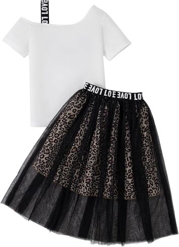 Girl's Skirt Outfits Two Piece Print Short Sleeve Asymmetrical T Shirt and Leopard Mesh Skirt Set in Saudi Arabia