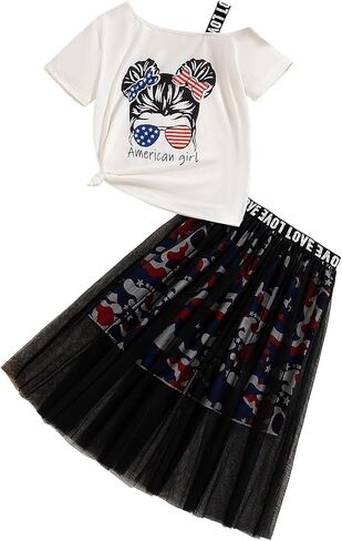 Girl's Skirt Outfits Two Piece Print Short Sleeve Asymmetrical T Shirt and Leopard Mesh Skirt Set in Kuwait