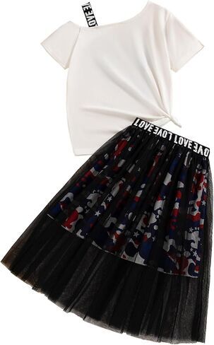 Girl's Skirt Outfits Two Piece Print Short Sleeve Asymmetrical T Shirt and Leopard Mesh Skirt Set in Kuwait