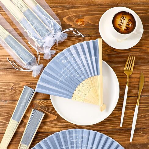 30 Pcs Silk Fabric Folding Fans Bulk for Wedding Guests Thank You Bamboo Folded Hand Fan for Bridal Shower Decoration Favor Vintage Handheld Fans Souvenirs with Organza Bag (Haze Blue,Classic) in Saudi Arabia