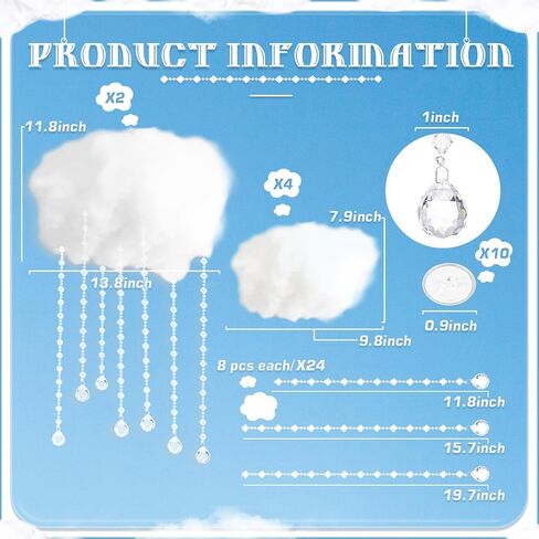 18 Pcs Artificial Cloud Props Ceiling Cloud Decorations with Sun Catching Crystals 3D Hanging Fake Clouds Cotton for Bedroom Living Room Ceiling Baby Shower Party Wedding DIY Hanging Ornament in Saudi Arabia