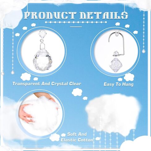 18 Pcs Artificial Cloud Props Ceiling Cloud Decorations with Sun Catching Crystals 3D Hanging Fake Clouds Cotton for Bedroom Living Room Ceiling Baby Shower Party Wedding DIY Hanging Ornament in Saudi Arabia