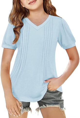 Arshiner Girls Puff Short Sleeve قمصان مطوية Tunic Top Top Disual V Neck Summer Kids Tee Tee in Kuwait
