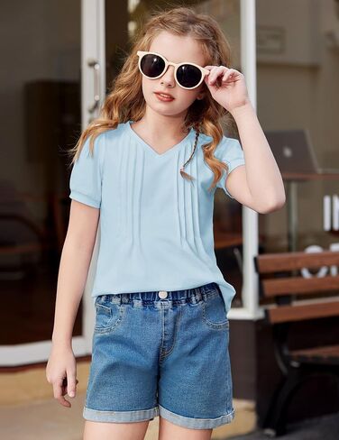 Arshiner Girls Puff Short Sleeve قمصان مطوية Tunic Top Top Disual V Neck Summer Kids Tee Tee in Kuwait