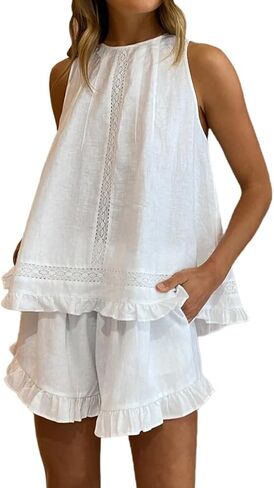 Womens Ruffle Pajamas Set Cotton 2 Piece Short Sets Fashion Summer Sleeveless Lace Trim Top and Shorts in Kuwait